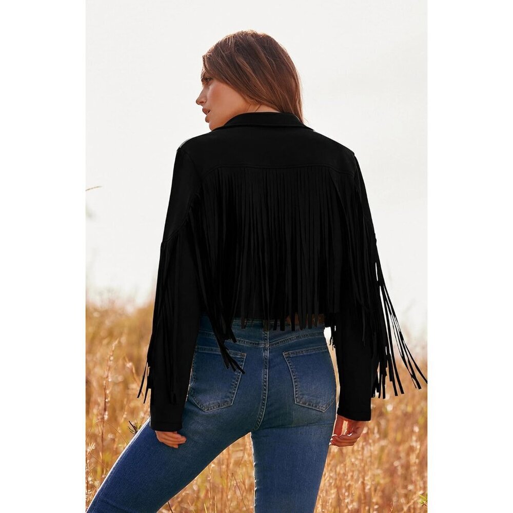 Women's Black Fringe Faux Suede Leather Tassel Motorcycle Cropped Jackets - Picture 9 of 9